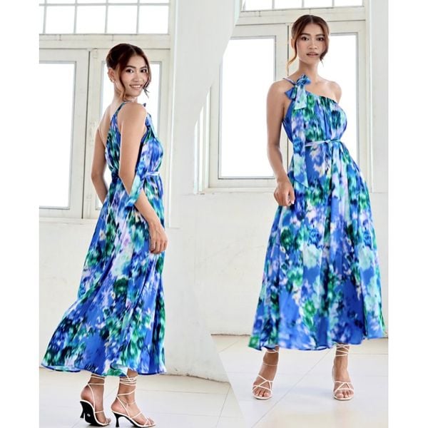  Đầm maxi lụa lệch vai hoa văn Infashion 
