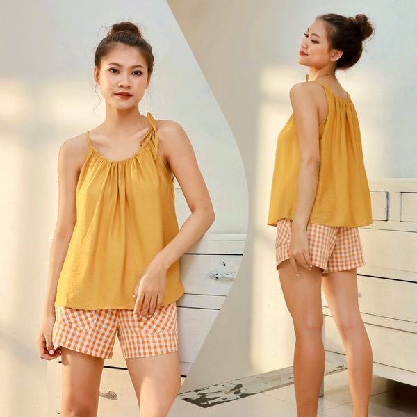  Đồ bộ đùi cổ yếm phối quần caro Infashion 