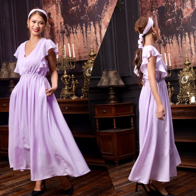  Đầm maxi lụa 2 lớp tay tiên kèm khăn turban 