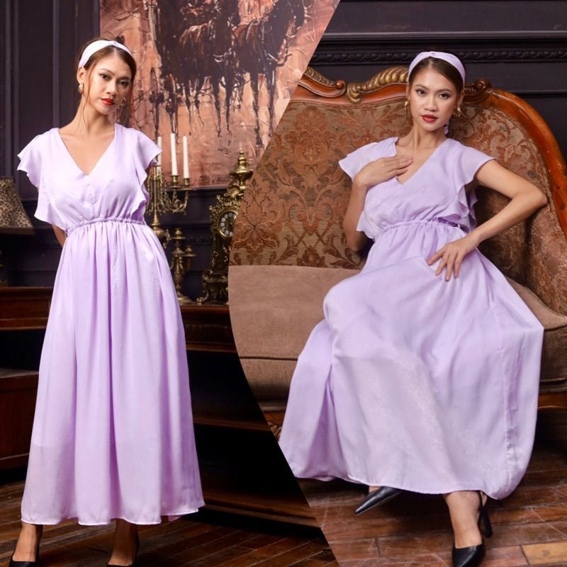  Đầm maxi lụa 2 lớp tay tiên kèm khăn turban 