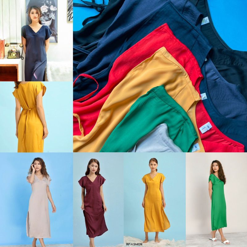  Đầm lụa suông tay liền cổ V cột eo 