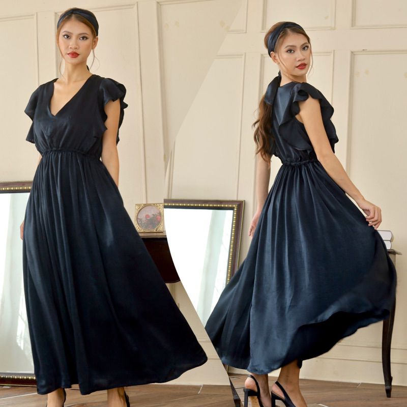  Đầm maxi lụa 2 lớp tay tiên kèm khăn turban 