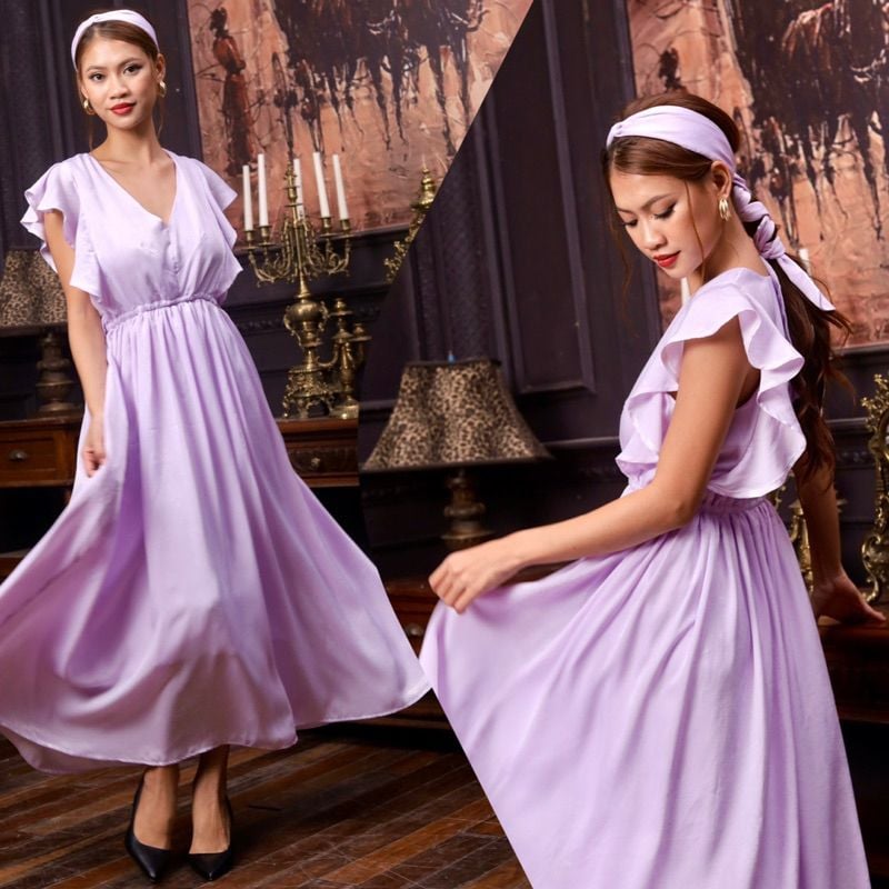  Đầm maxi lụa 2 lớp tay tiên kèm khăn turban 