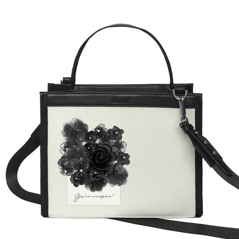  Túi Daily Canvas Quai Da Thời Trang Nam Nữ Chu Du - Màu Trắng Đính Hoa - Size Vừa 