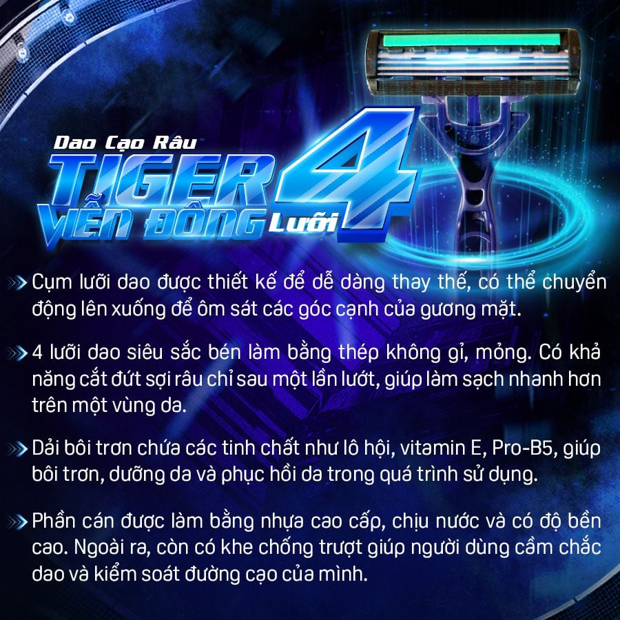 Combo 3 bộ dao cạo râu 4 lưỡi thay đầu Tiger Viễn Đông (3 cây dao cạo + 9 đầu thay)