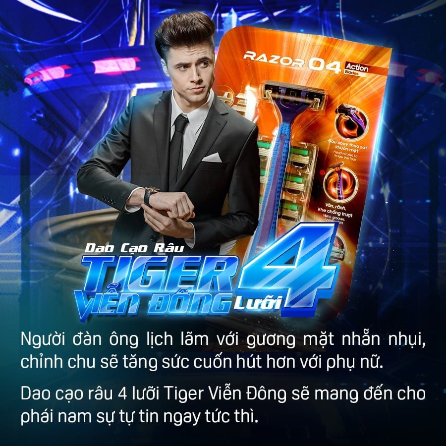 Combo 3 bộ dao cạo râu 4 lưỡi thay đầu Tiger Viễn Đông (3 cây dao cạo + 9 đầu thay)