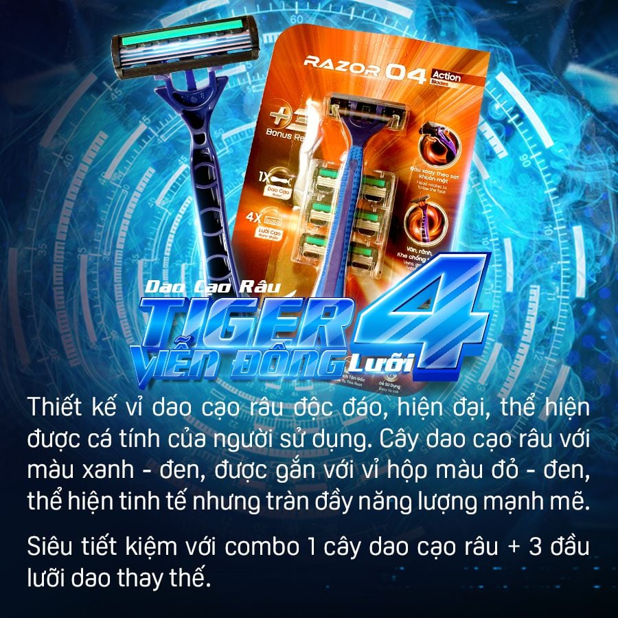 Combo 3 bộ dao cạo râu 4 lưỡi thay đầu Tiger Viễn Đông (3 cây dao cạo + 9 đầu thay)