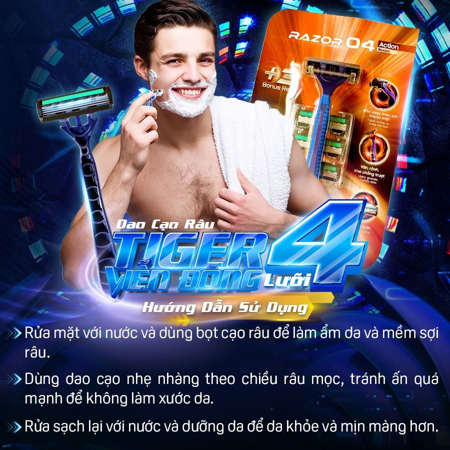 Combo 3 bộ dao cạo râu 4 lưỡi thay đầu Tiger Viễn Đông (3 cây dao cạo + 9 đầu thay)