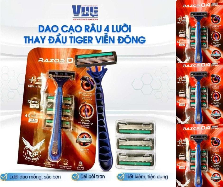 Combo 3 bộ dao cạo râu 4 lưỡi thay đầu Tiger Viễn Đông (3 cây dao cạo + 9 đầu thay)