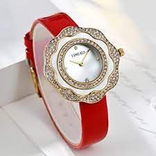  Đồng hồ nữ Time100 mặt bông hoa dây da đỏ 