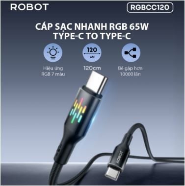Cáp sạc nhanh ROBOT Type C - Type C RGBCC120 65w