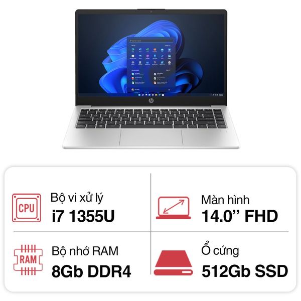 Laptop HP 240 G10 9H2E5PT | i7 1355U | Ram 8GB | SSD 512GB | 14 inch FHD | Win11 | Silver