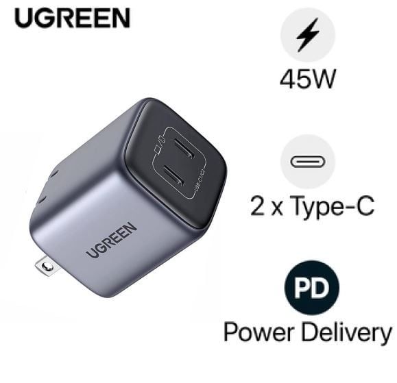 Cóc sạc nhanh GaN UGREEN 15331 CD294 45W 2 cổng USB Type C
