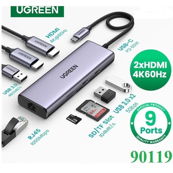 Bộ chuyển đổi USB-C sang 2*USb 3.0+1 USB 2.0+2*HDMI+RJ45+SD&TF Ugreen 90119