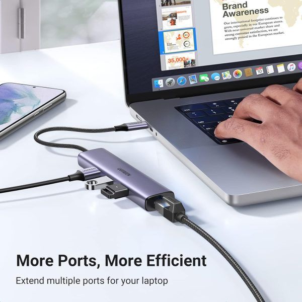 Hub chia USB Type-C to 3 cổng USB 3.0 Type-A kèm Lan Gigabit, vỏ nhôm chính hãng Ugreen 60600