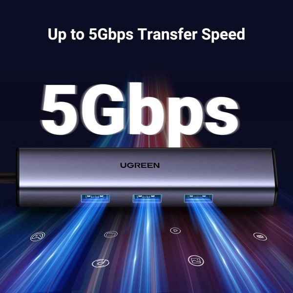 Hub chia USB Type-C to 3 cổng USB 3.0 Type-A kèm Lan Gigabit, vỏ nhôm chính hãng Ugreen 60600