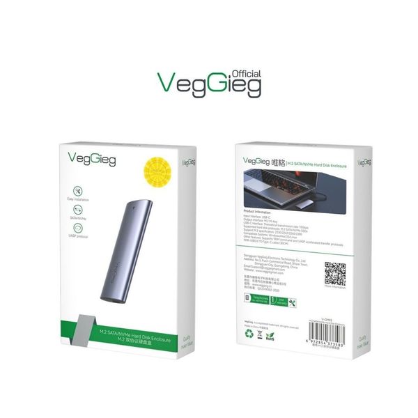 Box SSD VegGieg USB 3.1 Gen 2 ra USB Type C hỗ trợ M2 Sata + NVMe 10Gb V-GM03