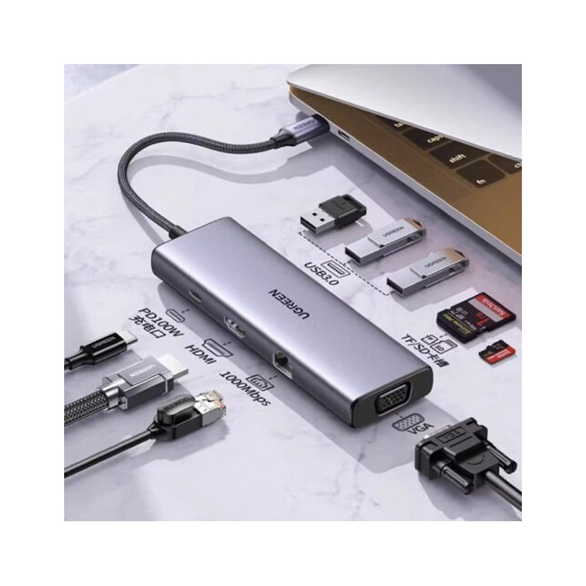 Bộ chuyển USB C to HDMI + VGA + USB 3.0 + LAN 1Gbps + Card Reader + PD Power 100W Ugreen 15600