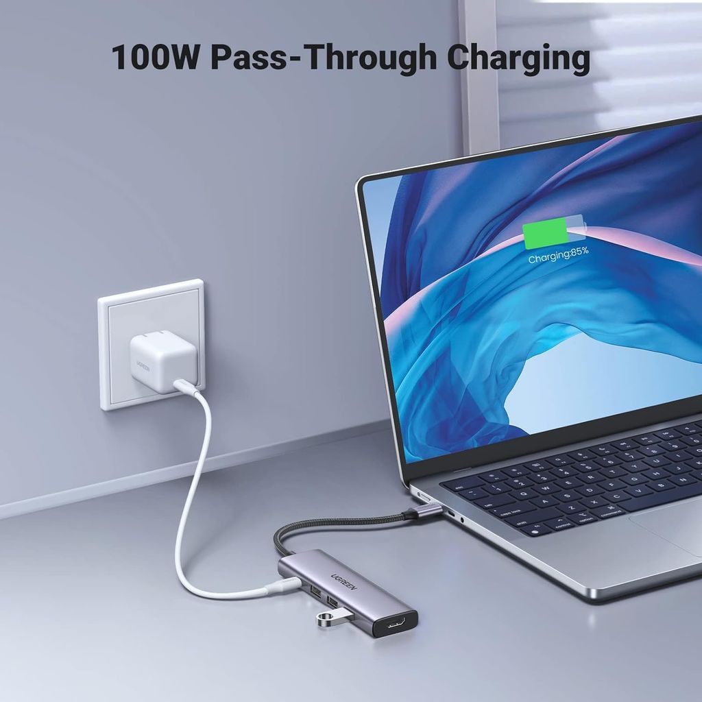 Hub chuyển đổi USB Type-C 5 trong 1 ra HDMI 4K@30Hz, USB 3.0 x 3, Sạc PD 100W Ugreen 15596