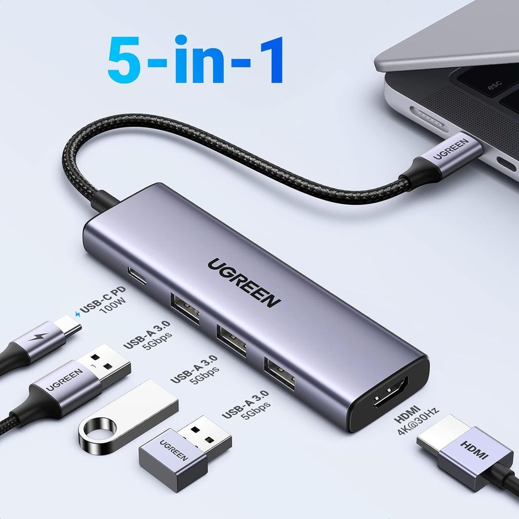 Hub chuyển đổi USB Type-C 5 trong 1 ra HDMI 4K@30Hz, USB 3.0 x 3, Sạc PD 100W Ugreen 15596