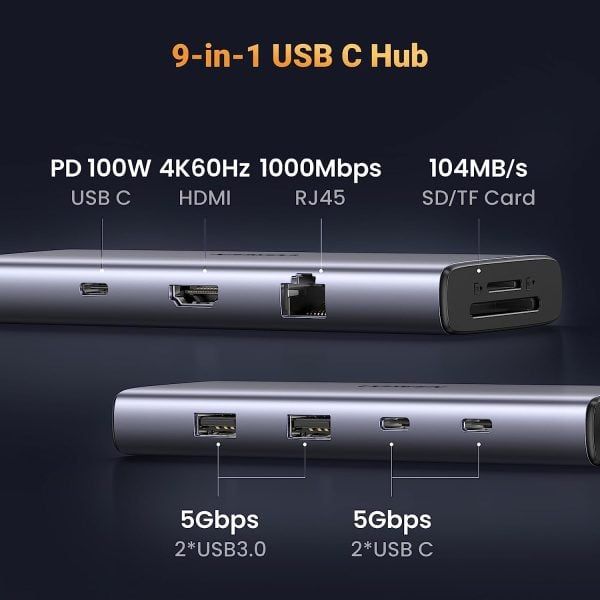 Hub USB-C 9 in 1 CM498 HDMI 4K 60Hz, RJ45 1Gbps, USB 3.0, SD TF with PD 100W Ugreen 15375