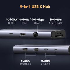 Hub USB-C 9 in 1 CM498 HDMI 4K 60Hz, RJ45 1Gbps, USB 3.0, SD TF with PD 100W Ugreen 15375