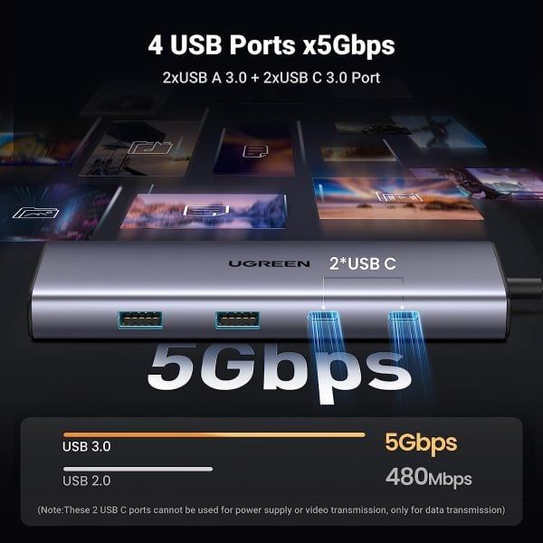 Hub USB-C 9 in 1 CM498 HDMI 4K 60Hz, RJ45 1Gbps, USB 3.0, SD TF with PD 100W Ugreen 15375