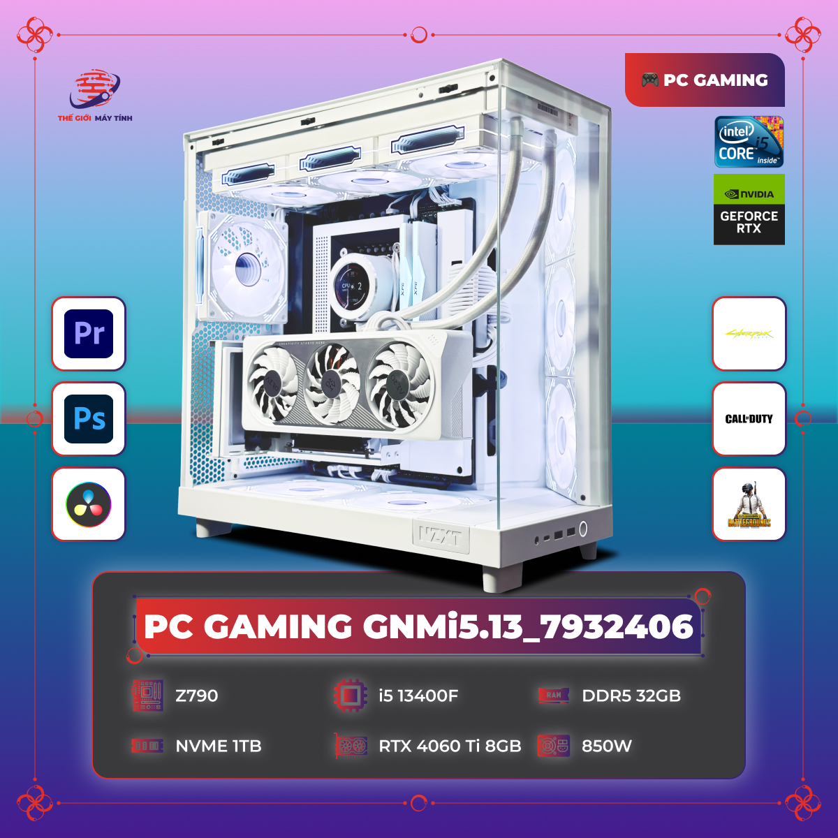 PC GAMING GNMi5.13_7932406 | i5 13400F | RTX 4060 Ti 8GB | RAM 32GB | SSD 1TB | 850W | NZXT H6 Flow
