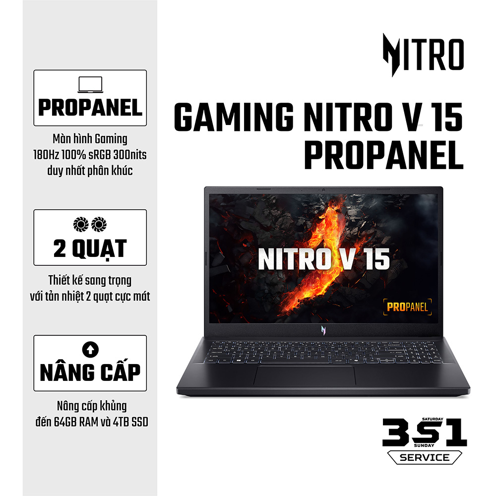 Laptop Gaming Acer Nitro V 15 ProPanel ANV15-41-R7AP NH.QPGSV.002 | AMD Ryzen 5 7535HS  | Ram 16GB | SSD 512GB | VGA RTX 2050 | 15.6 inch FHD | Win 11 | Đen