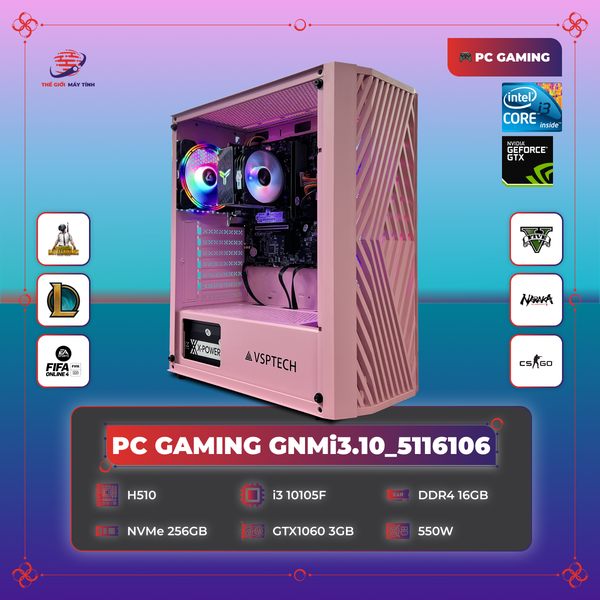 PC GAMING GNMi3.10_5116106| H510 | i3 10105F | DDR4 16GB | SSD 256GB | GTX 1060 3GB | 550W