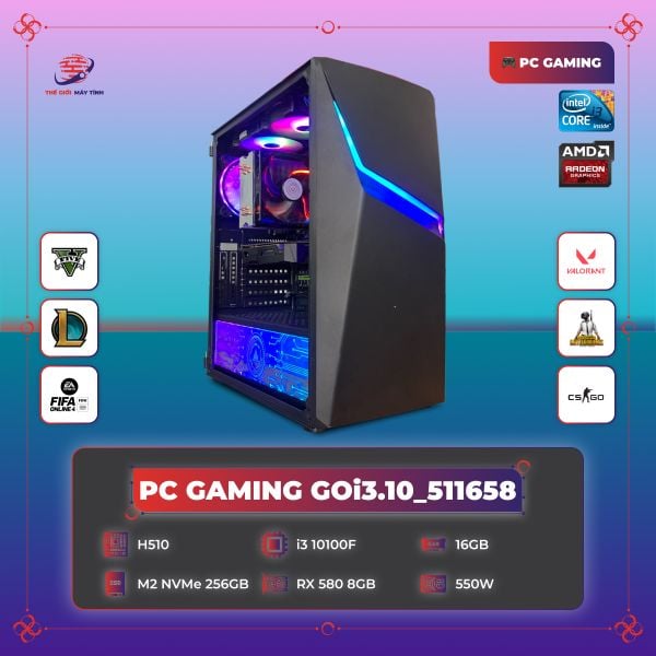 PC GAMING GOi3.10_511658 | H510 | i3 10100F | DDR4 16GB 3200MHz | SSD M2 NVMe 256GB | RX 580 8G | 550W
