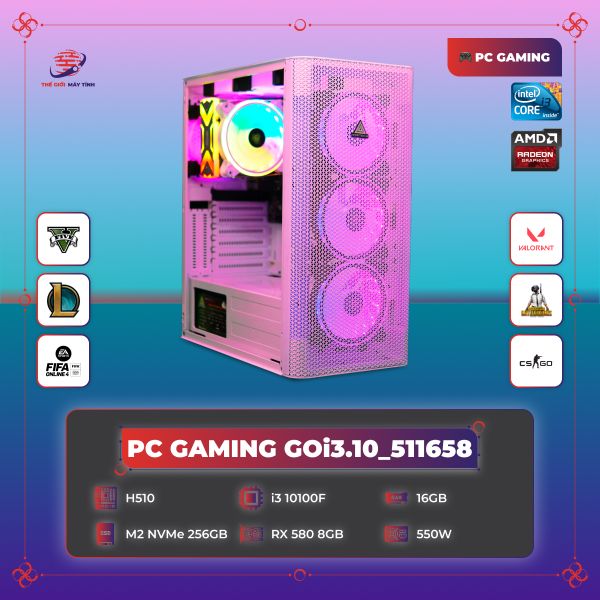 PC GAMING GOi3.10_511658 | H510 | Core i3 10100F | DDR4 16GB 3200MHz | SSD M2 NVMe 256GB | RX580 8G | 550W