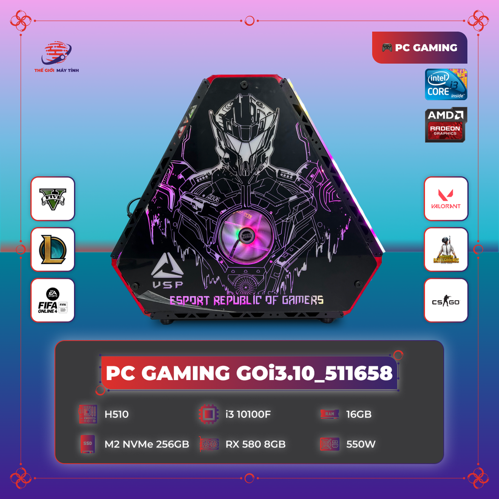 PC GAMING GOi3.10_511658 | H510 | i3 10100F | DDR4 16GB 3200MHz | SSD M2 NVMe 256GB | RX 580 8G | 550W