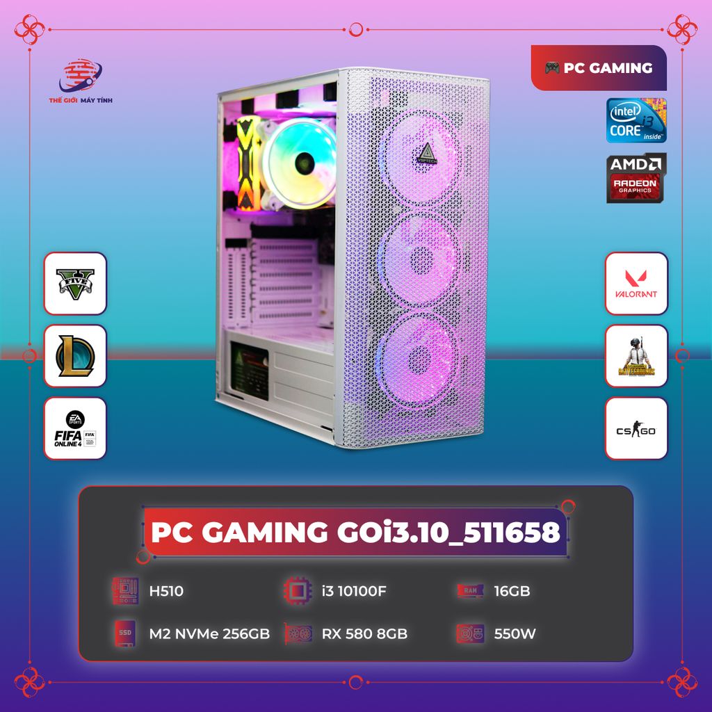 PC GAMING GOi3.10_511658 | H510 | Core i3 10100F | DDR4 16GB 3200MHz | SSD M2 NVMe 256GB | RX580 8G | 550W