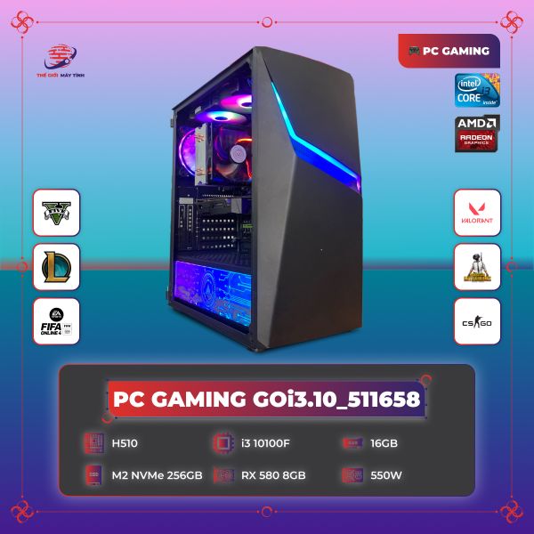 PC GAMING GOi3.10_511658 | H510 | Core i3 10100F | DDR4 16GB 3200MHz | SSD M2 NVMe 256GB | RX580 8G | 550W