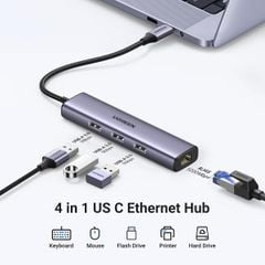 Hub chia USB Type-C to 3 cổng USB 3.0 Type-A kèm Lan Gigabit, vỏ nhôm chính hãng Ugreen 60600