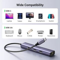 Hub chia USB Type-C to 3 cổng USB 3.0 Type-A kèm Lan Gigabit, vỏ nhôm chính hãng Ugreen 60600