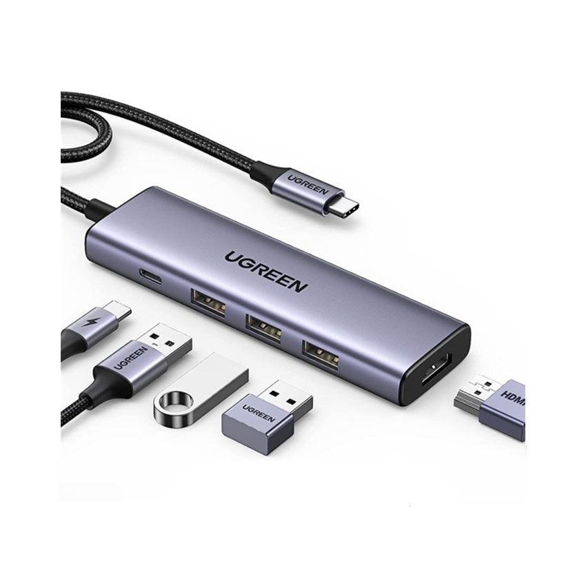 Hub chuyển đổi USB Type-C 5 trong 1 ra HDMI 4K@30Hz, USB 3.0 x 3, Sạc PD 100W Ugreen 15596