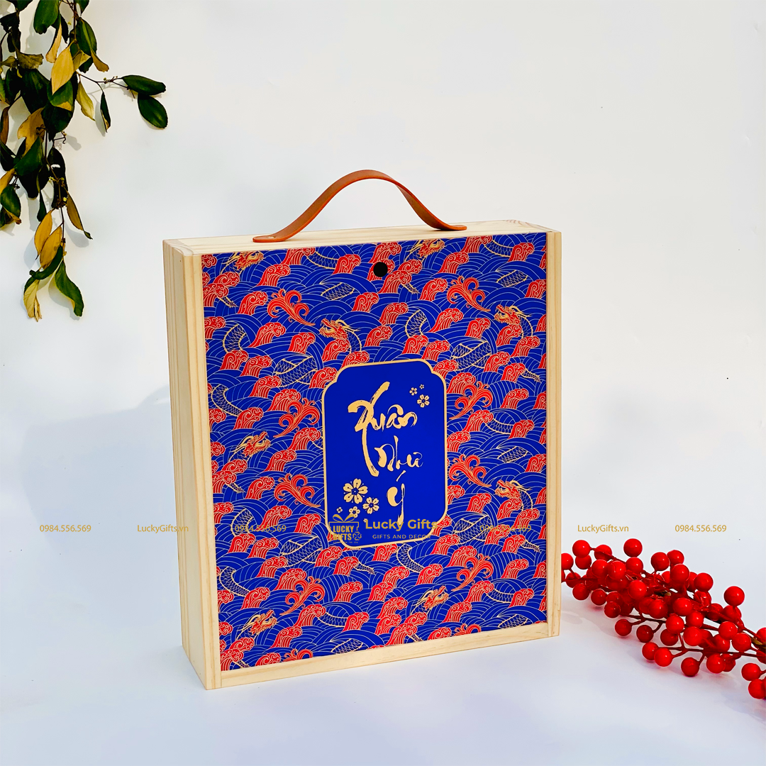 Hộp gỗ thông đựng rượu, quà Tết đại xuân như ý