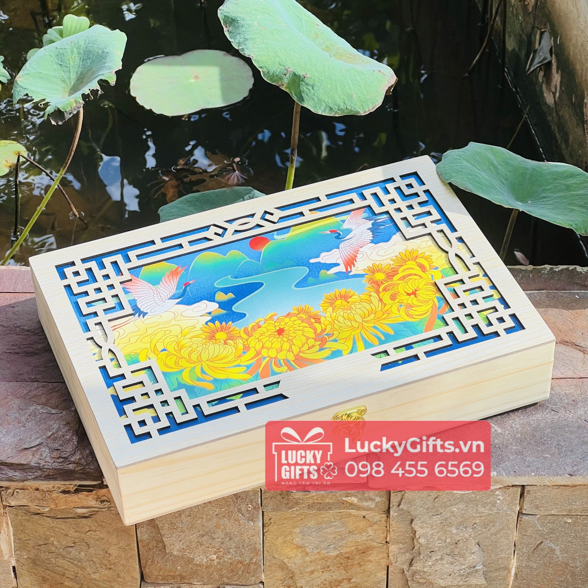 Hộp gỗ đựng 6 bánh trung thu 2025 thu cúc - LuckyGifts