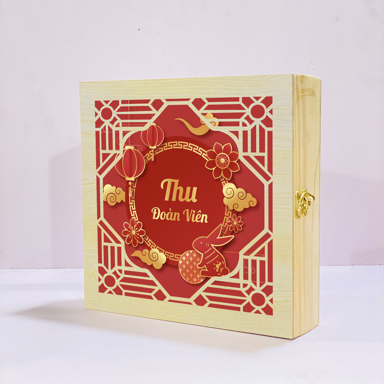 Hộp gỗ đựng bánh trung thu 4 bánh, hộp đựng bánh trung thu họa tiết cắt laser phối cover in màu