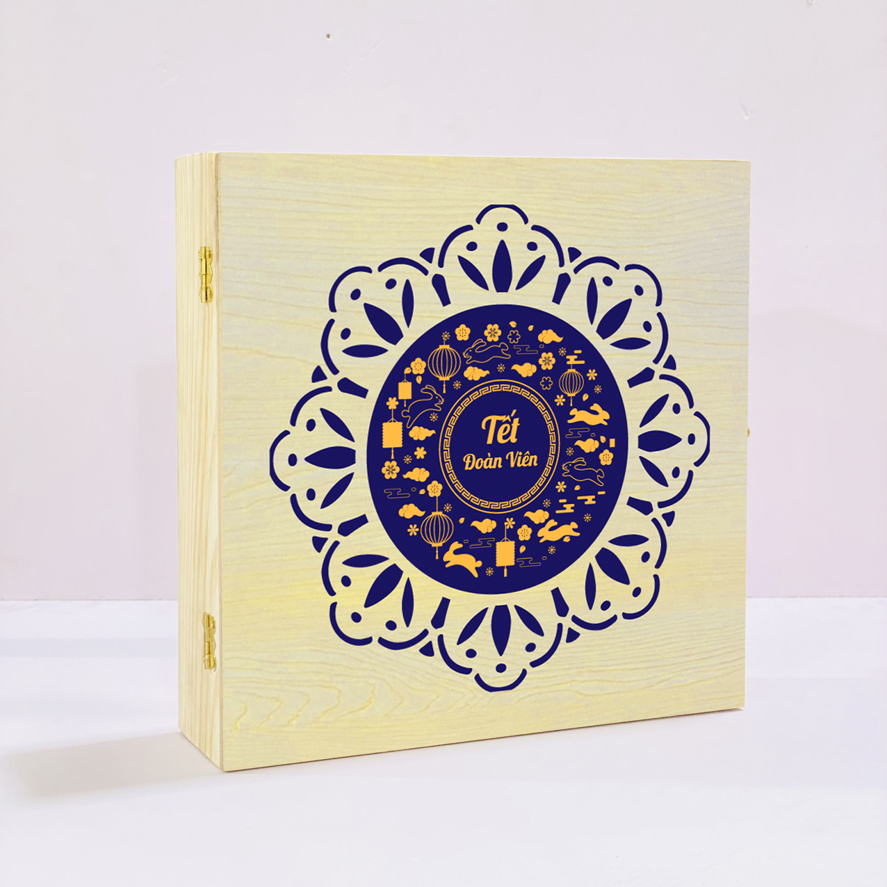 Hộp gỗ thông đựng 4 bánh trung thu, cắt laser họa tiết luxury phối cover in màu