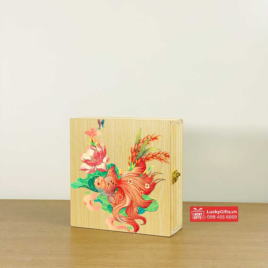 Hộp gỗ đựng bánh trung thu cá chép đêm trăng in uv cao cấp