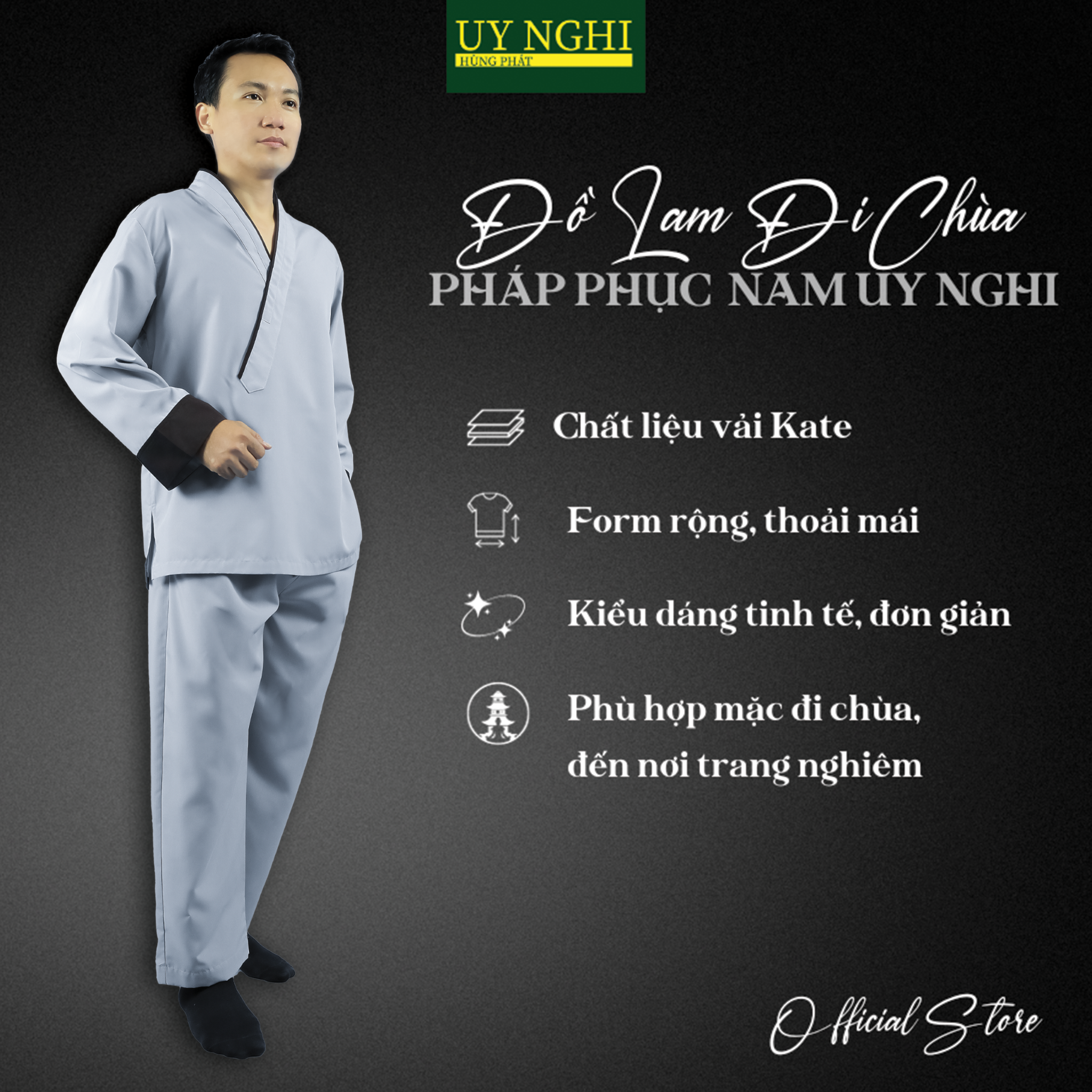  Pháp Phục Nam Vạt Xéo Uy Nghi (LAM NÂU) 