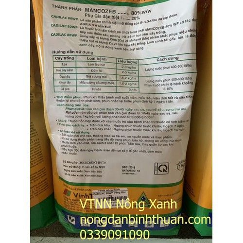  Trừ bệnh sương mai dưa Hấu, Mốc sương khoai tây, đốm lá mai, đốm lá lan CADILAC 80WP - CADILAC 80WP VÀNG 1KG 