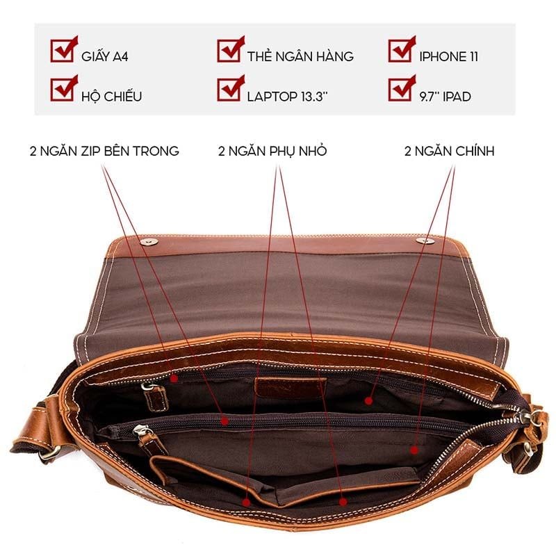 [Order] Túi da đeo chéo, túi đựng ipad nam da bò thật lớp 1 CEC125
