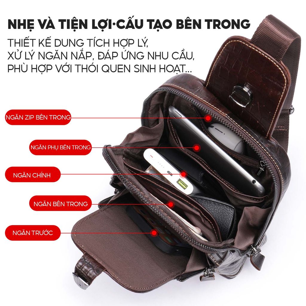 [Order] Túi đeo trước ngực, túi đeo chéo nam da thật CEC210