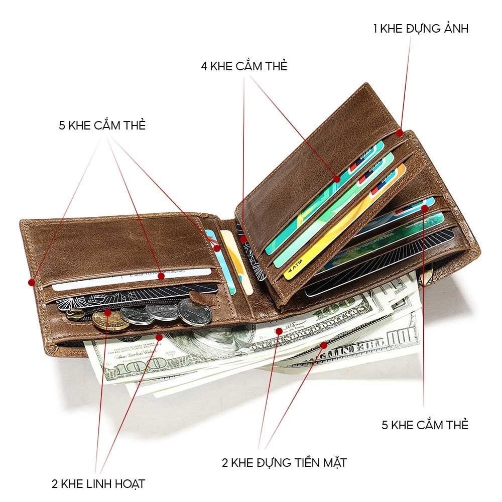 Ví nam nhỏ gọn chống trộm RFID, ví da bò thật CEC257