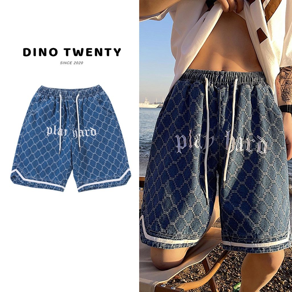  quần short denim xanh hải quân DINO TWENTY quần short jean ống rộng mùa hè phong cách hongkong - j424 
