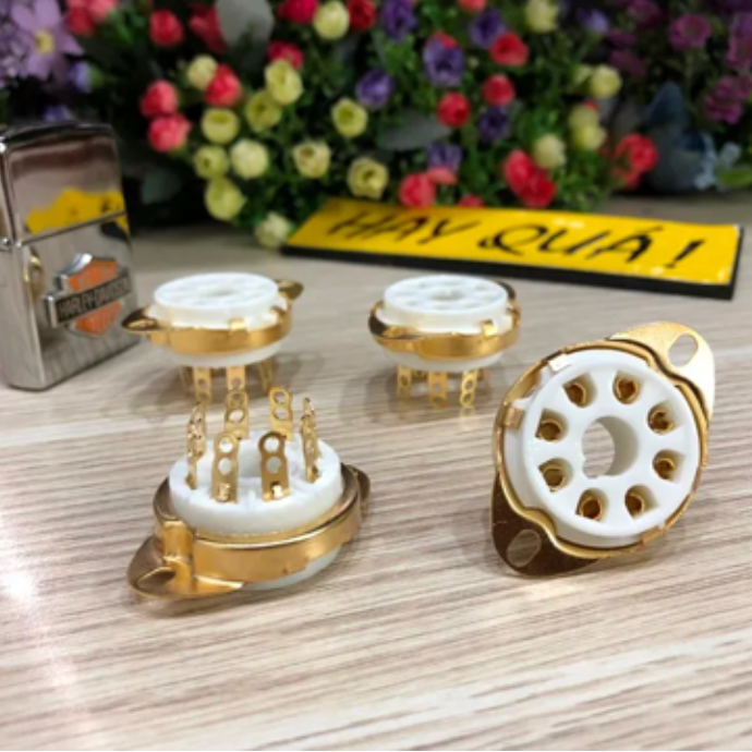 T9-08B Chân đèn đế sứ - Ceramic 8 Pin Gold Plated Tube Socket​